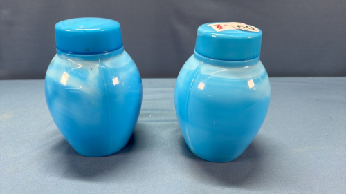 Pair of Blue Milk Glass Covered Jars -See Notes