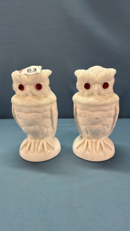 Pair of Milk Glass Covered Owl Jars -See Notes