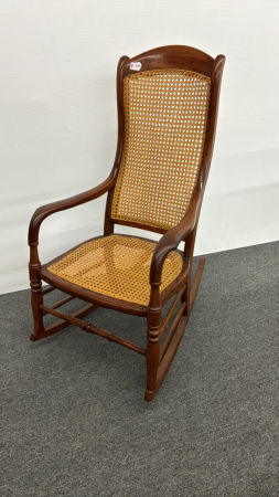 Wooden Rocking Chair with Caned Back and Seat