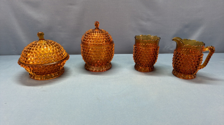 4 Piece Dark Amber Glass Hobnail Breakfast Set