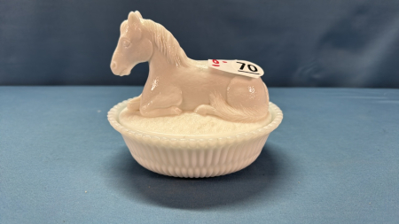 Milk Glass McKee Covered Horse Dish