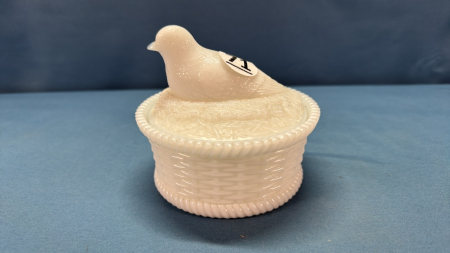 Milk Glass Signed McKee Canary on Round Basket