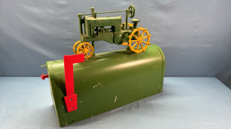 John Deere Tin Mailbox with Cast Iron Tractor