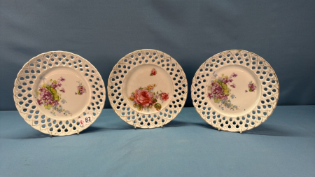 3 German Floral Porcelain Ribbon Plates