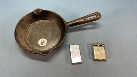 6in Cast Iron Fry Pan and 2 Cigarette Lighters