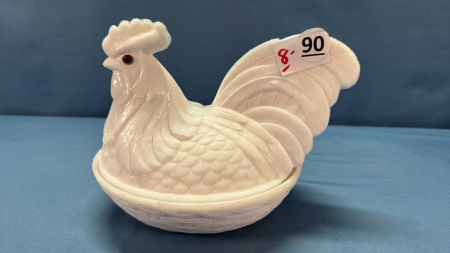 Milk Glass Challinor Rooster on Nest -See Notes