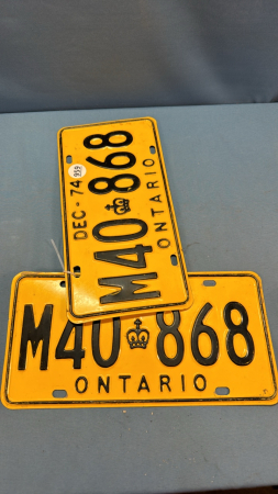 Pair of Dec 1974 Ontario License Plates