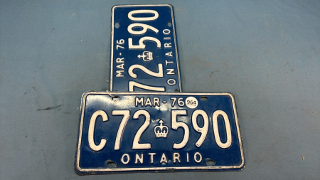 Pair of Mar 1976 Ontario License Plates