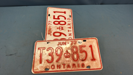 Pair of Jun 1977 Ontario License Plates