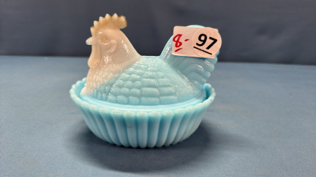 Blue and White Milk Glass Rooster on Nest