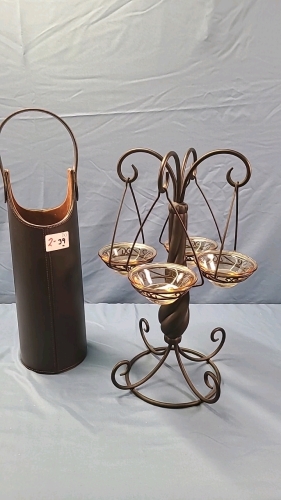 4 Drop Metal Candle Holder and Leather Wine Carrier