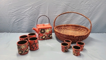 Basket with Oriental Style Tea Pot with 4 Large & 4 Small Cups