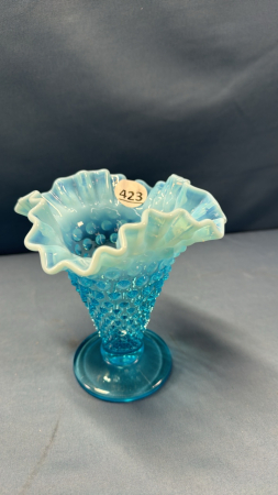 Blue Opalescent Fluted Hobnail Vase