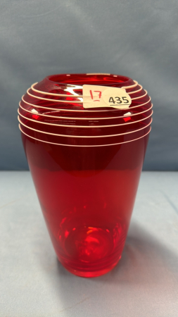 Red Glass Vase with White Trim -10" High