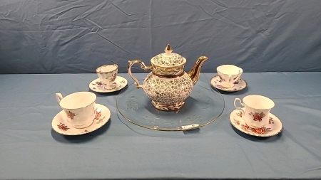 4 Cups & Saucers and Gibson's Tea Pot on a Glass Tray