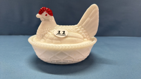 Milk Glass Hen on the Nest -Open Tailed