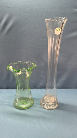 2 Glass Vases -8.5in Green & 16in Clear