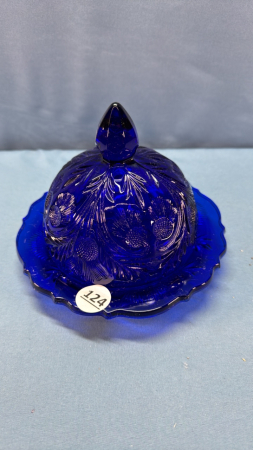 Thistle Pattern Cobalt Blue Glass Butter Dish