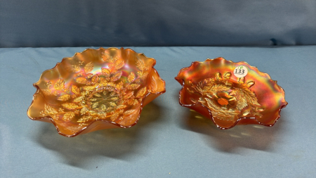 2 Carnival Glass Ruffled Edge Bowls -See Notes