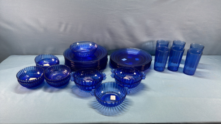 Blue Depression Glass Dishes Lot -See Notes