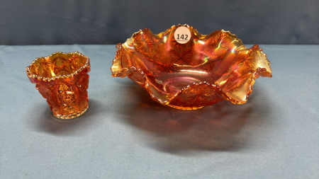 Carnival Glass 8in Bowl and Toothpick Holder