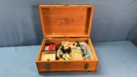 Wooden Sewing Box with Contents