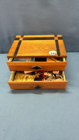 Small 2 Drawer Wooden Sewing Box with Contents