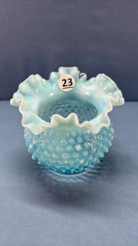 Fluted Opalescent Blue Hobnail Bowl with Chip