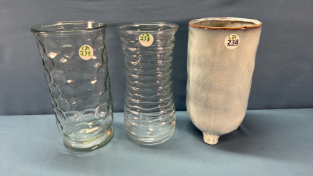 3 -10in Vases -2 Glass and 1 Pottery