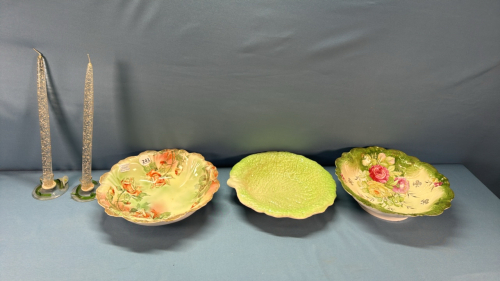 3 -10in Wide Serving Bowls & 2 Glass Candle Sticks