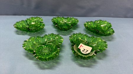 5 Green Glass Shamrock Shaped Snack Dishes