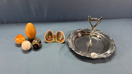 5 Assorted Decorative Eggs on Metal Tray