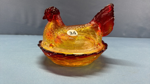 Amberina Glass Hen on the Nest -Open Tailed