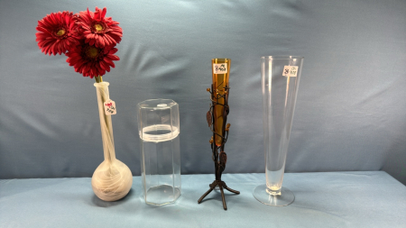 3 Glass Vases and 1 Glass Cannister with Lid