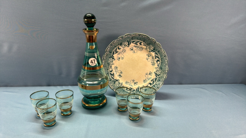 Bohemia Crystal Decanter and 6 Glasses on Plate