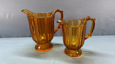 2 Amber Glass Zipper Pattern Pitchers