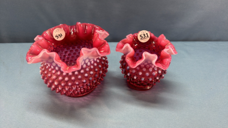 2 Fenton Opalescent & Cranberry Hobnail Bowls