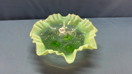 Opalescent & Green Glass Fluted Footed Bowl