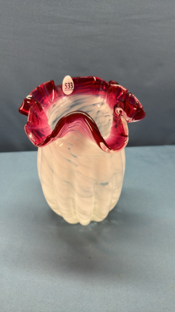 Opalescent & Cranberry Murano Glass Fluted Vase