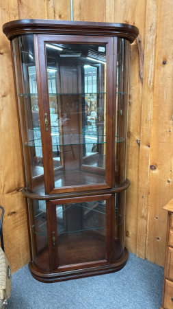 Bowed Walnut Corner Curio Cabinet -See Notes