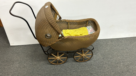 Wicker Baby Carriage w/ Wooden Wheels