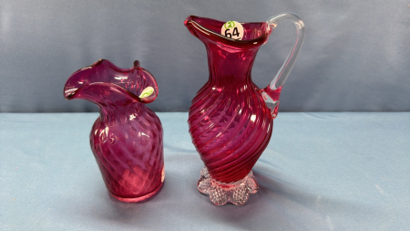 Cranberry Glass Pitcher & Vase -See Notes