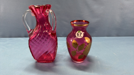 2 Cranberry Glass Vases -See Notes