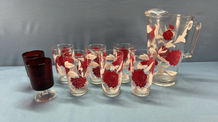 1950s 7 Piece Water Set & 2 Cranberry Goblets