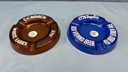 2 Glass Ash Trays - O'Keefe's & Dominion