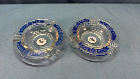 2 Glass Ash Trays - Both Blue Top