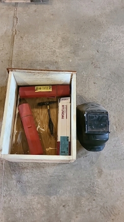 Lot of Welding Rod, Welding Helmet, and Chipping Hammermmer