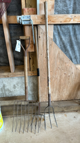 Dung hook, three prong pitch fork, and ensilage fork