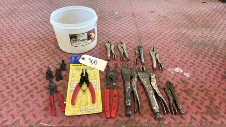 A lot of vice grips and snap ring pliers