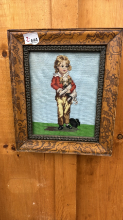 Needlepoint Picture of Boy with Puppy